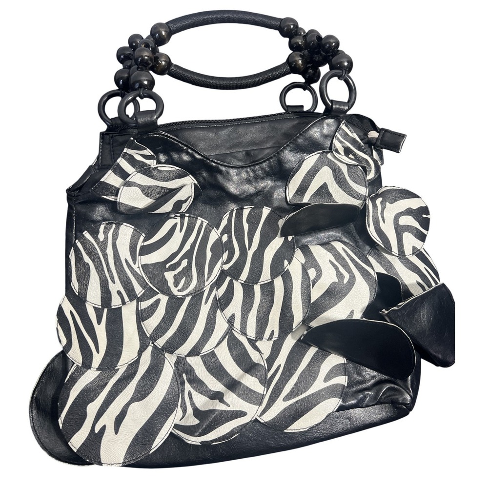 So Delicious Black Zebra Patchwork Hobo Shoulder Bag Beaded Handle Animal Print